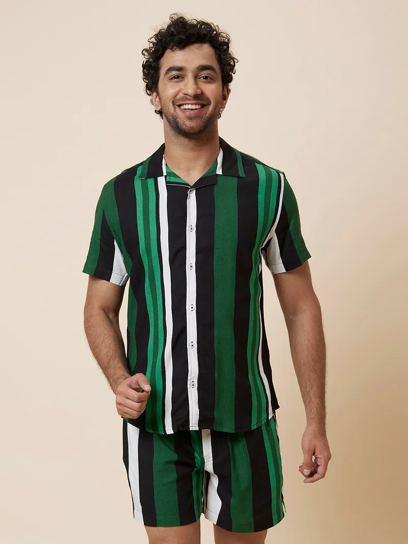 globus Globus Men Green Casual Resort Co-Ords Set with Striped Shirt and Shorts
